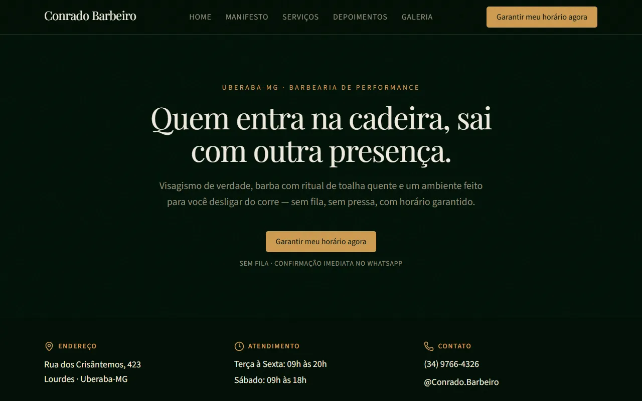 Print do site Barbearia (modelo). Modelo para barbearia: tabela de preços, combos e agendamento pelo WhatsApp.