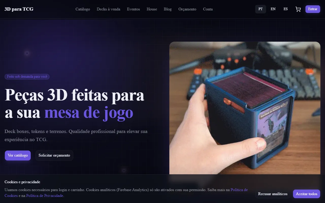 Print do site 3D para TCG. Loja própria de impressão 3D para jogadores de TCG, em 3 idiomas.