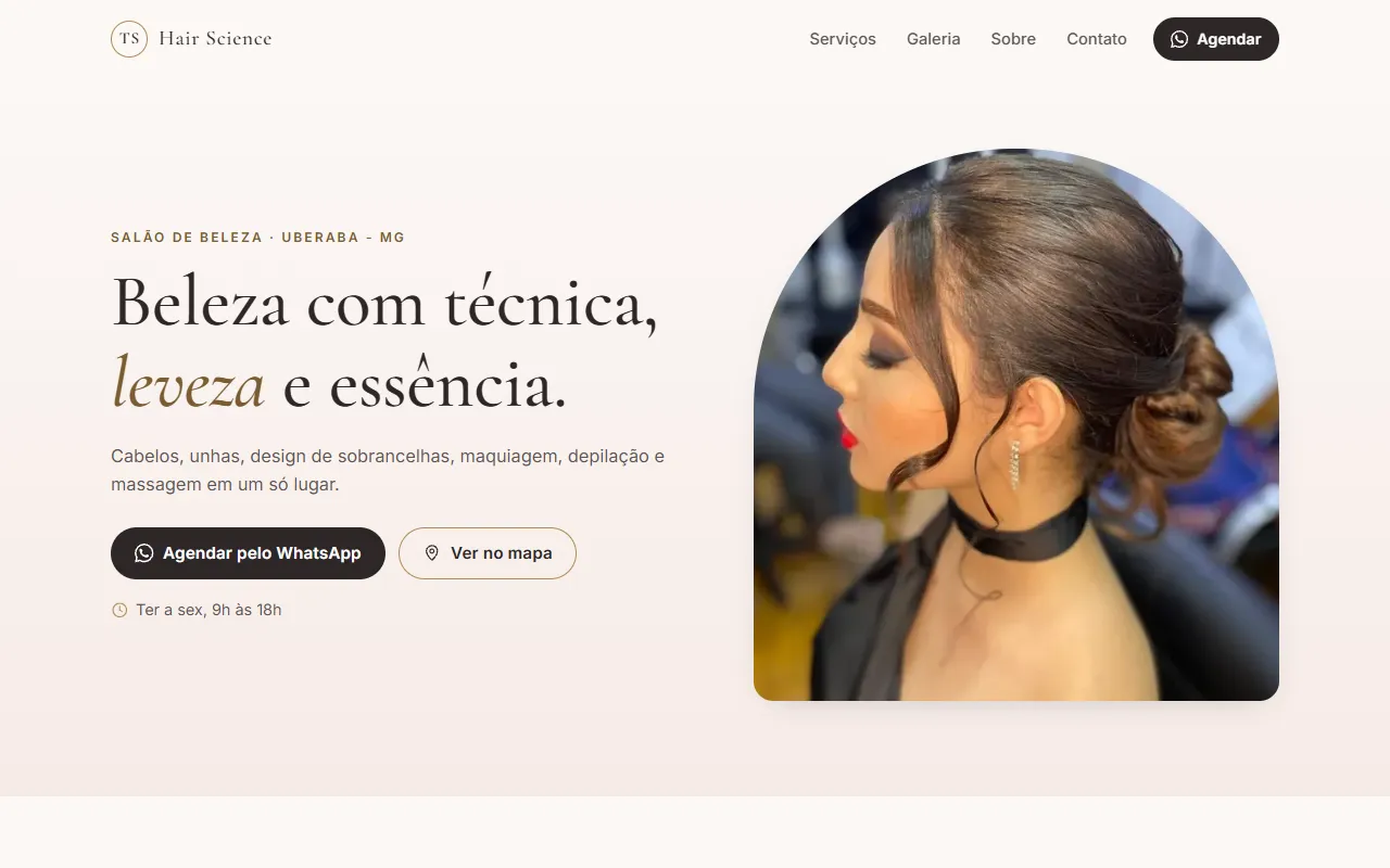 Print do site TS Hair Science. Site do salão em Uberaba com agendamento pelo WhatsApp por serviço.
